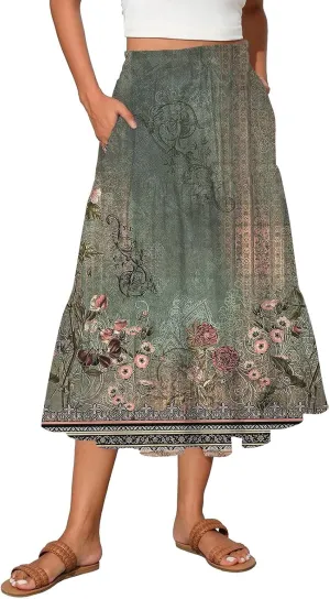 Womens Floral Midi Skirts A-Line Tiered Ruffle Boho Skirts Elastic Waist Flowy Skirt with Pockets