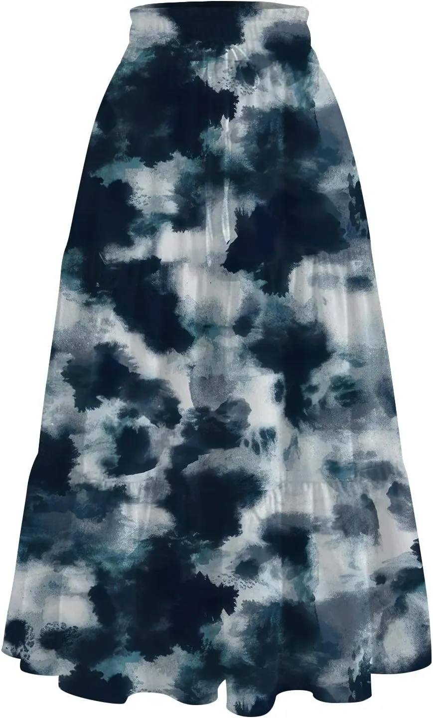 Womens Floral Midi Skirts A-Line Tiered Ruffle Boho Skirts Elastic Waist Flowy Skirt with Pockets