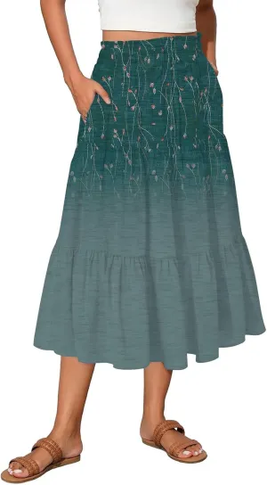 Womens Floral Midi Skirts A-Line Tiered Ruffle Boho Skirts Elastic Waist Flowy Skirt with Pockets