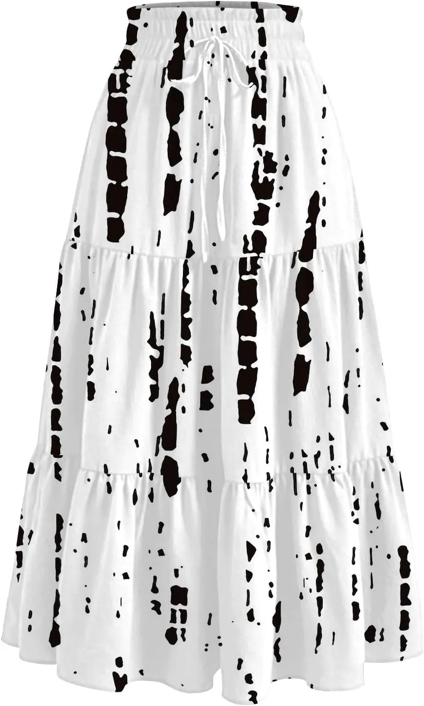 Womens Floral Midi Skirts A-Line Tiered Ruffle Boho Skirts Elastic Waist Flowy Skirt with Pockets