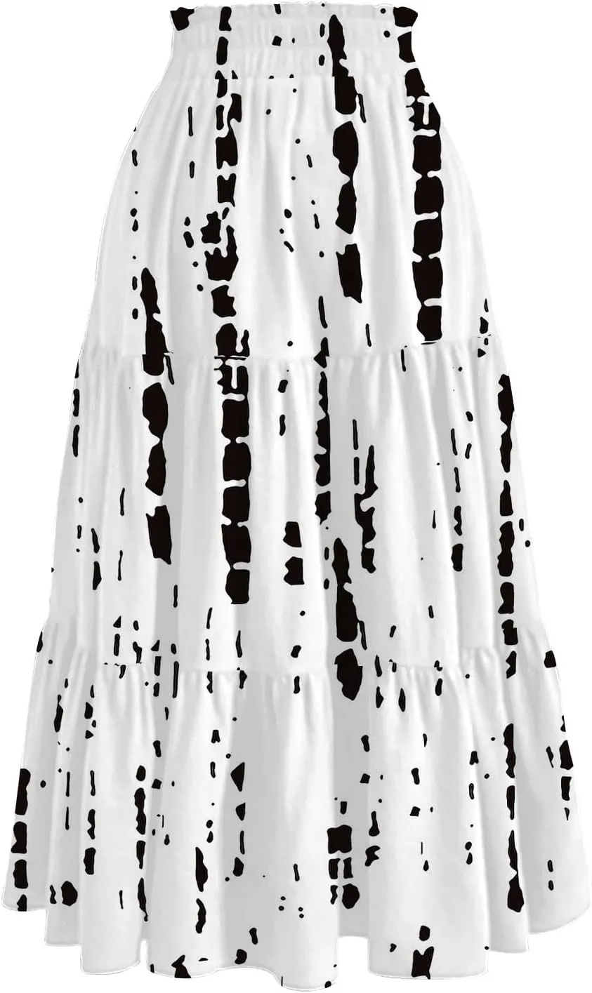 Womens Floral Midi Skirts A-Line Tiered Ruffle Boho Skirts Elastic Waist Flowy Skirt with Pockets