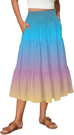 Womens Floral Midi Skirts A-Line Tiered Ruffle Boho Skirts Elastic Waist Flowy Skirt with Pockets