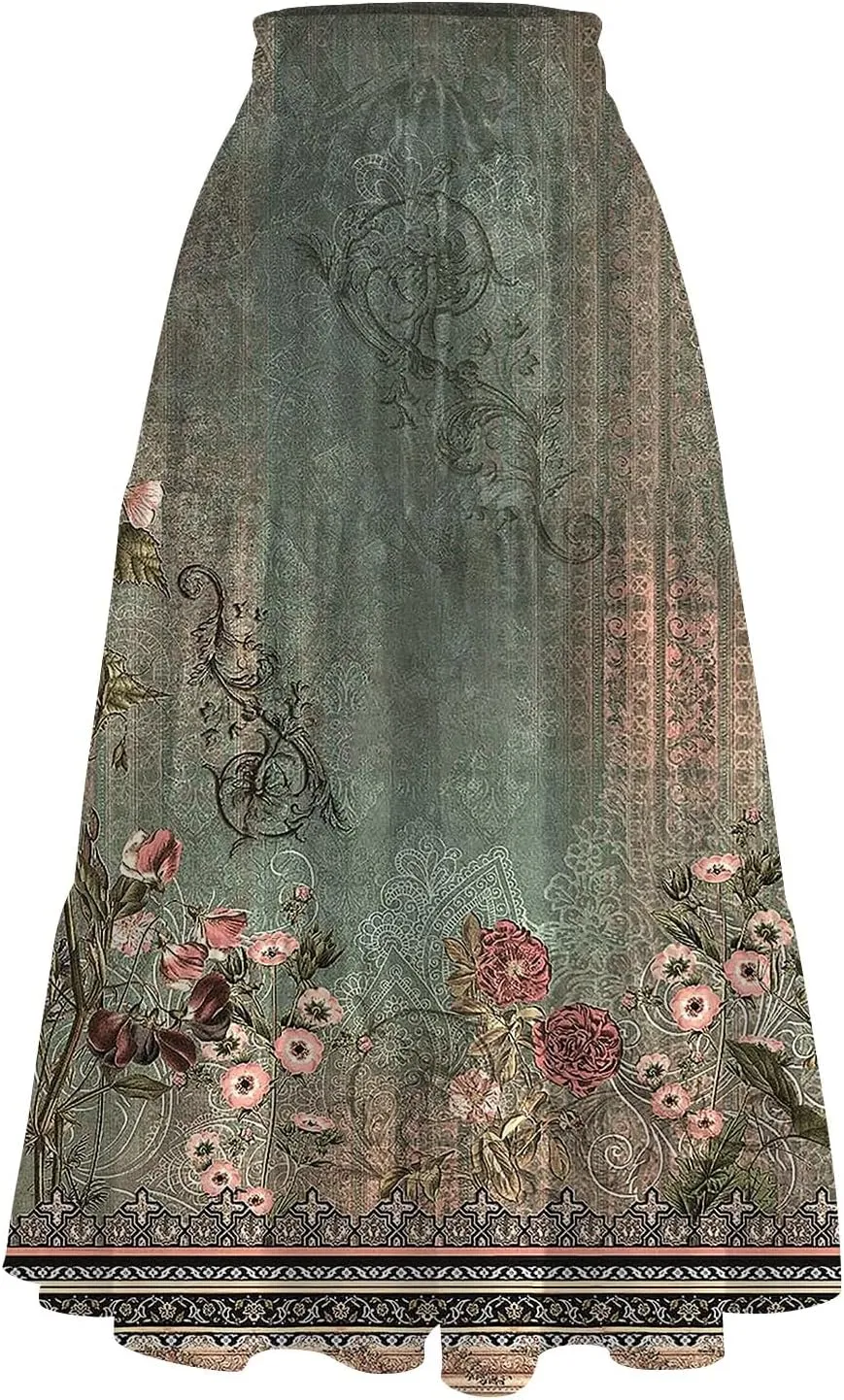 Womens Floral Midi Skirts A-Line Tiered Ruffle Boho Skirts Elastic Waist Flowy Skirt with Pockets