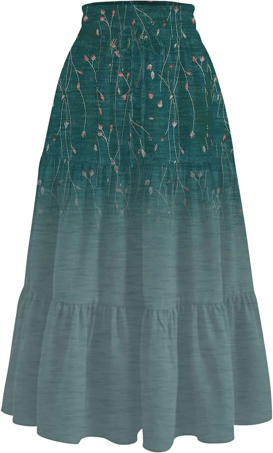Womens Floral Midi Skirts A-Line Tiered Ruffle Boho Skirts Elastic Waist Flowy Skirt with Pockets