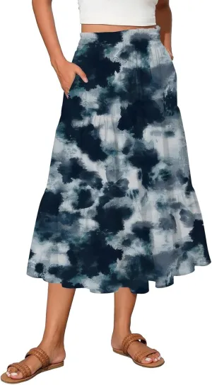 Womens Floral Midi Skirts A-Line Tiered Ruffle Boho Skirts Elastic Waist Flowy Skirt with Pockets