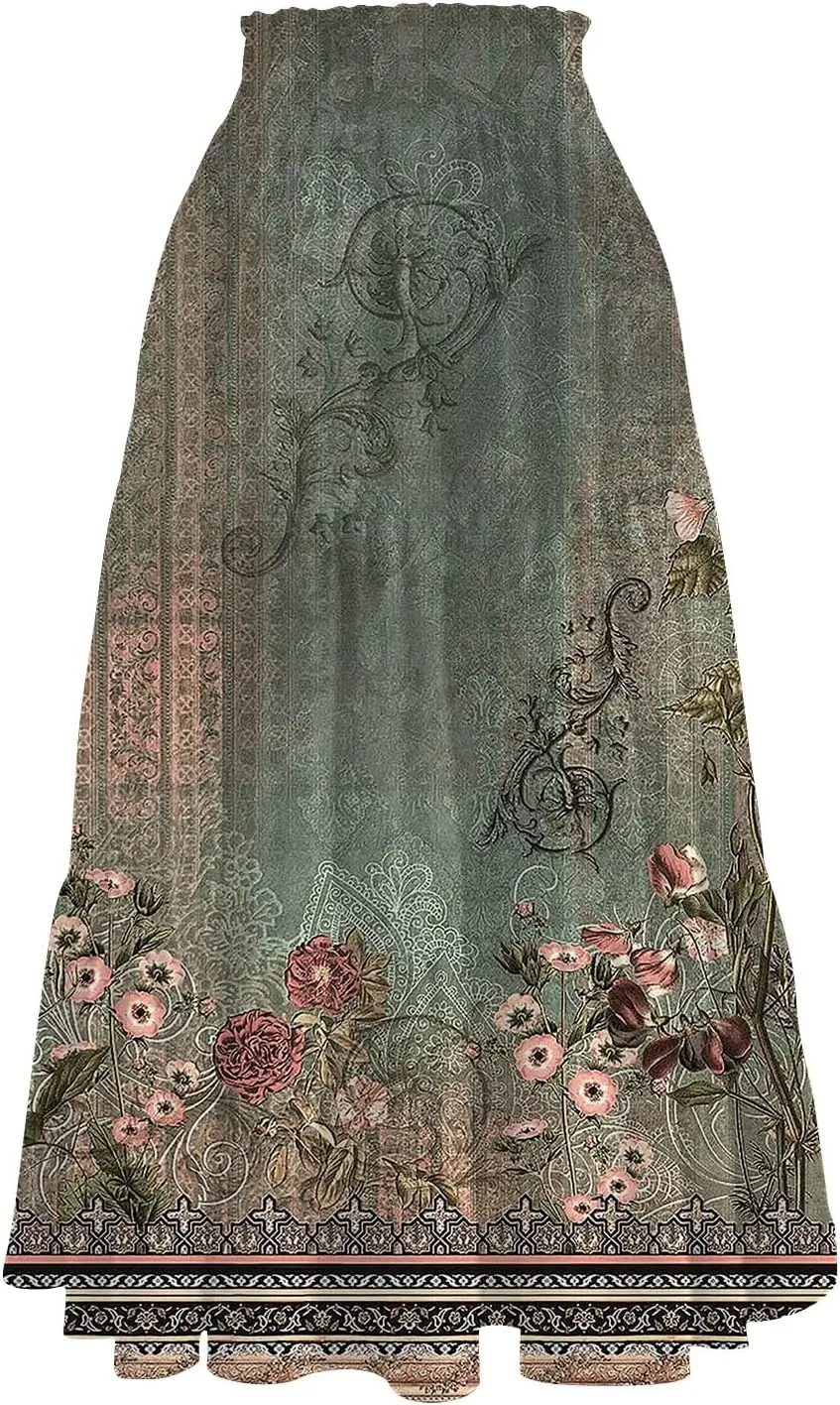 Womens Floral Midi Skirts A-Line Tiered Ruffle Boho Skirts Elastic Waist Flowy Skirt with Pockets