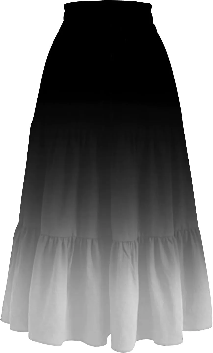Womens Floral Midi Skirts A-Line Tiered Ruffle Boho Skirts Elastic Waist Flowy Skirt with Pockets