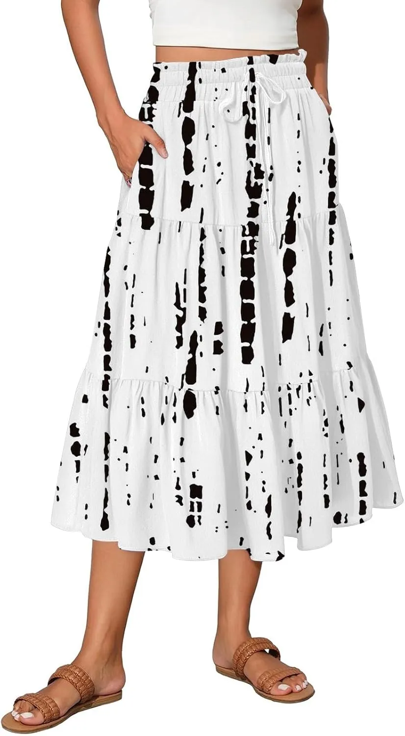 Womens Floral Midi Skirts A-Line Tiered Ruffle Boho Skirts Elastic Waist Flowy Skirt with Pockets