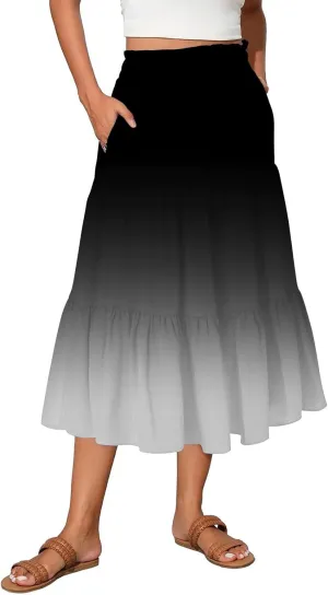 Womens Floral Midi Skirts A-Line Tiered Ruffle Boho Skirts Elastic Waist Flowy Skirt with Pockets