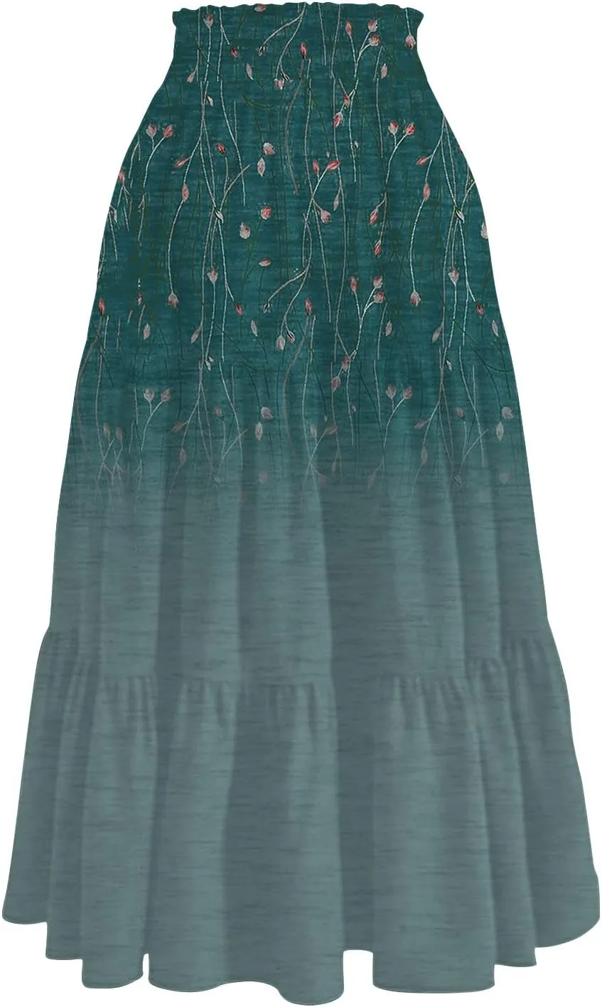 Womens Floral Midi Skirts A-Line Tiered Ruffle Boho Skirts Elastic Waist Flowy Skirt with Pockets