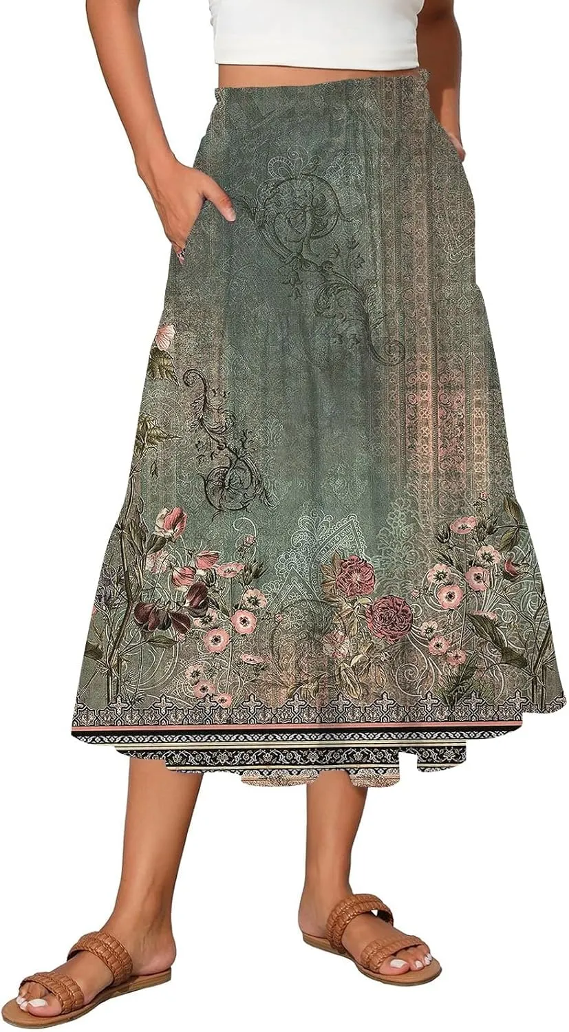 Womens Floral Midi Skirts A-Line Tiered Ruffle Boho Skirts Elastic Waist Flowy Skirt with Pockets