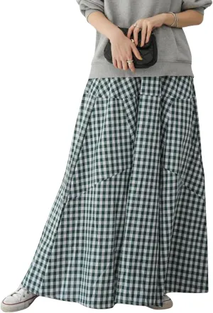 Women's High Waist Plaid Gingham Skirt Casual Cotton Tiered Swing A Line Maxi Skirt