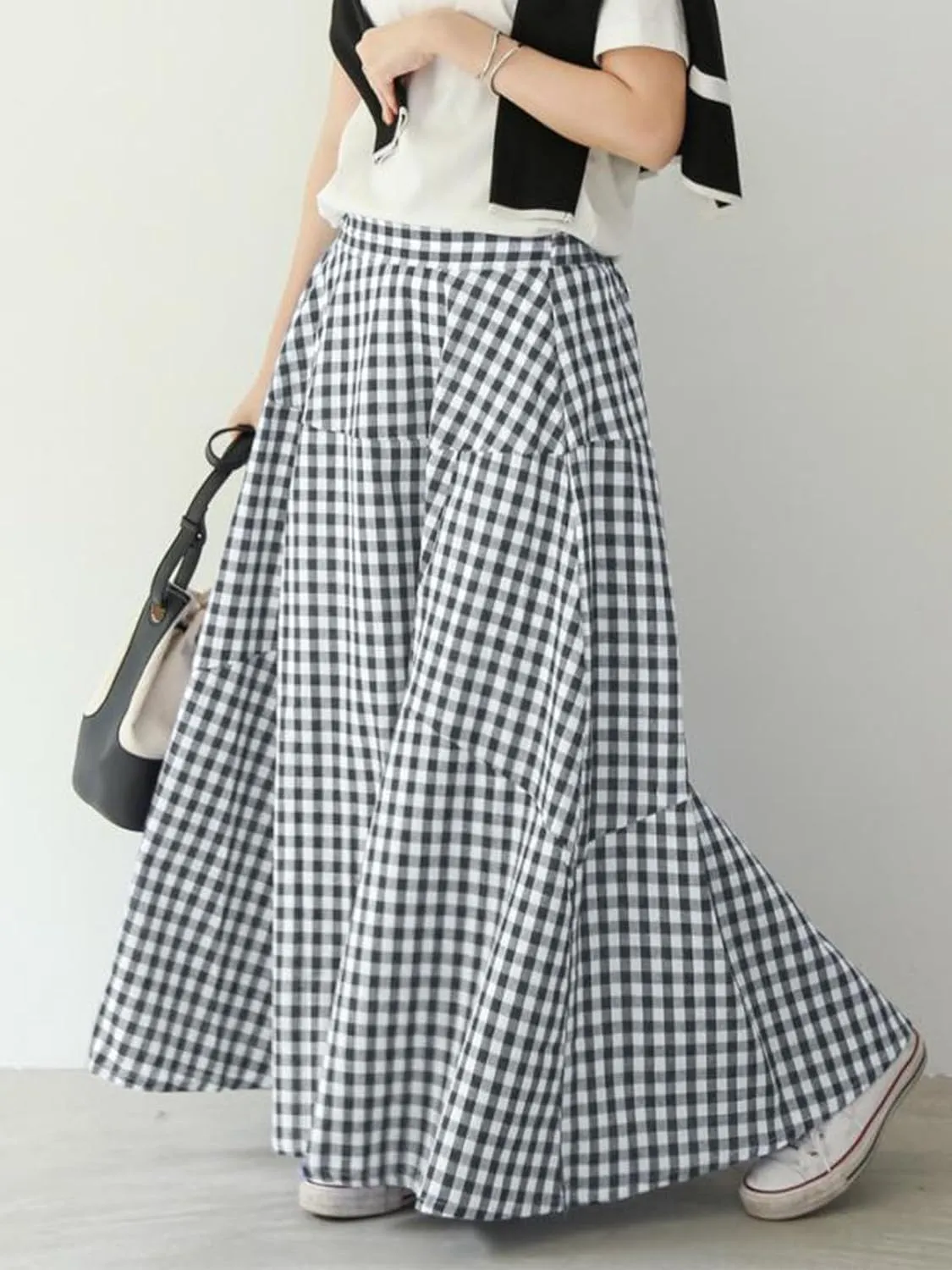 Women's High Waist Plaid Gingham Skirt Casual Cotton Tiered Swing A Line Maxi Skirt