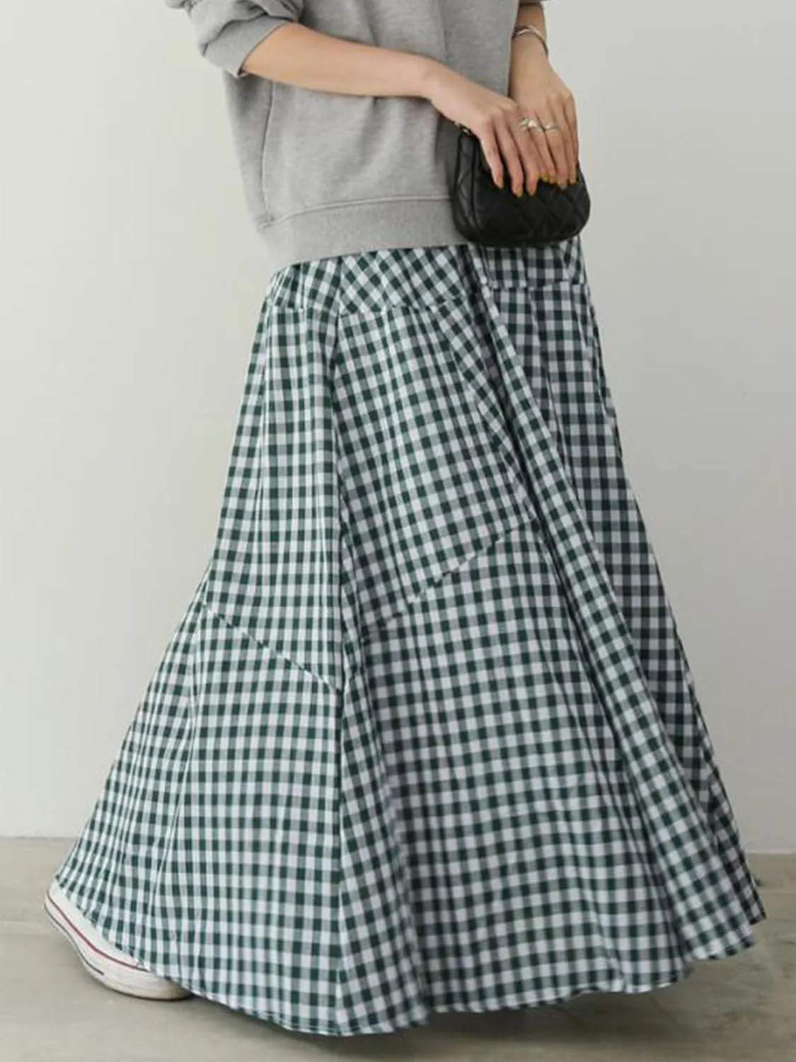 Women's High Waist Plaid Gingham Skirt Casual Cotton Tiered Swing A Line Maxi Skirt