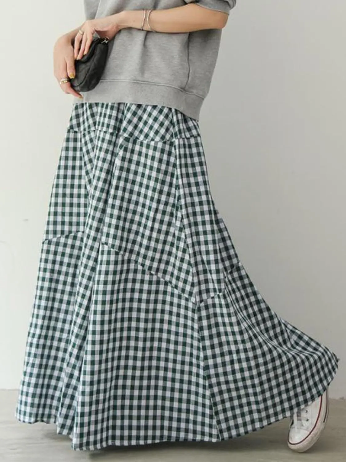 Women's High Waist Plaid Gingham Skirt Casual Cotton Tiered Swing A Line Maxi Skirt