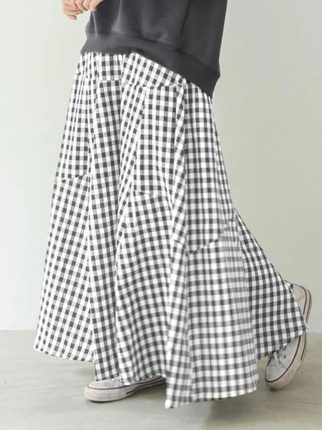 Women's High Waist Plaid Gingham Skirt Casual Cotton Tiered Swing A Line Maxi Skirt