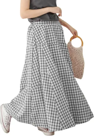 Women's High Waist Plaid Gingham Skirt Casual Cotton Tiered Swing A Line Maxi Skirt