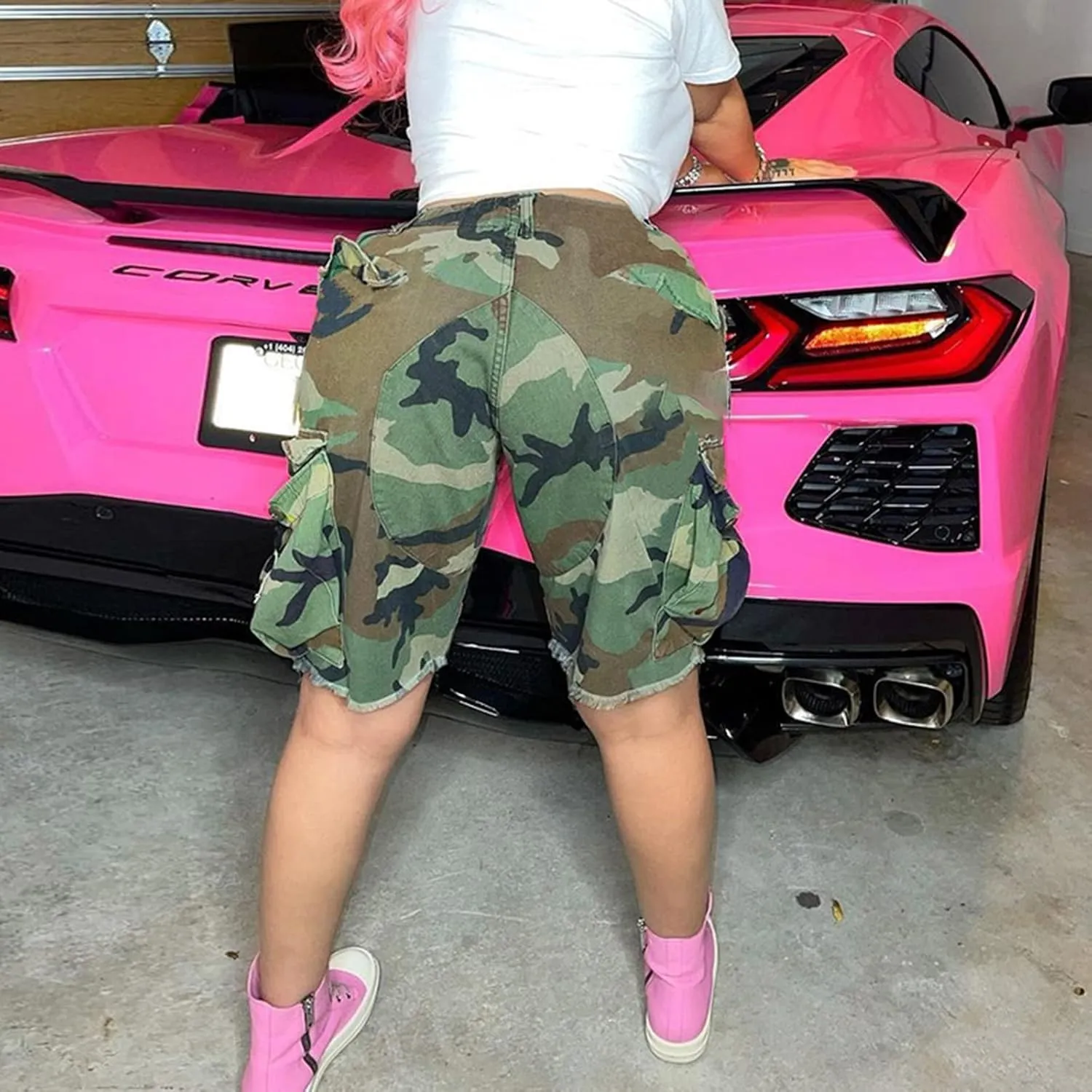 Women's High Waisted Camo Shorts Casual Trendy Denim Short Pants Summer Camouflage Shorts with Pockets