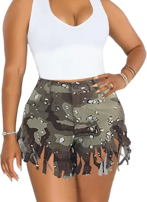 Women's High Waisted Camo Shorts Casual Trendy Denim Short Pants Summer Camouflage Shorts with Pockets