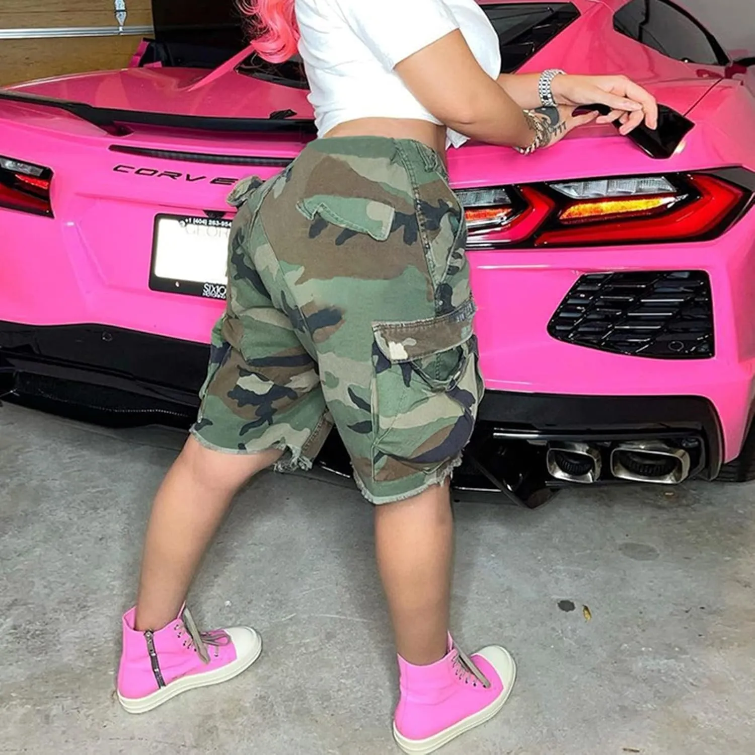 Women's High Waisted Camo Shorts Casual Trendy Denim Short Pants Summer Camouflage Shorts with Pockets