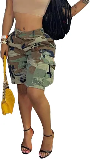 Women's High Waisted Camo Shorts Casual Trendy Denim Short Pants Summer Camouflage Shorts with Pockets
