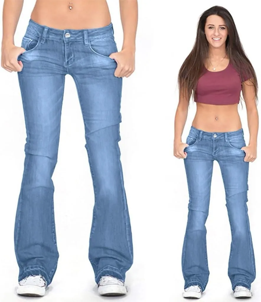 Womens High Waisted Flare Denim Pant Trendy Relax Fit Washed Jeans Gradient Pleated Bell Bottom Casaul Denim Trousers