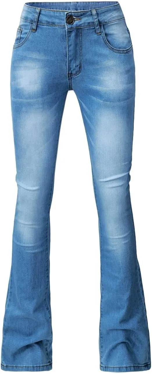 Womens High Waisted Flare Denim Pant Trendy Relax Fit Washed Jeans Gradient Pleated Bell Bottom Casaul Denim Trousers