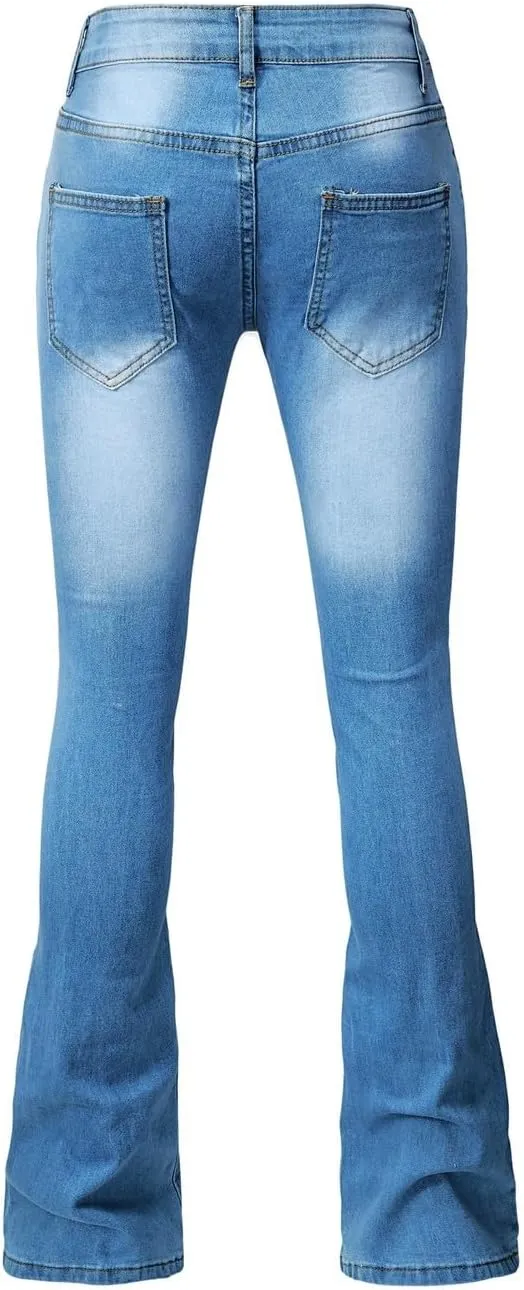 Womens High Waisted Flare Denim Pant Trendy Relax Fit Washed Jeans Gradient Pleated Bell Bottom Casaul Denim Trousers