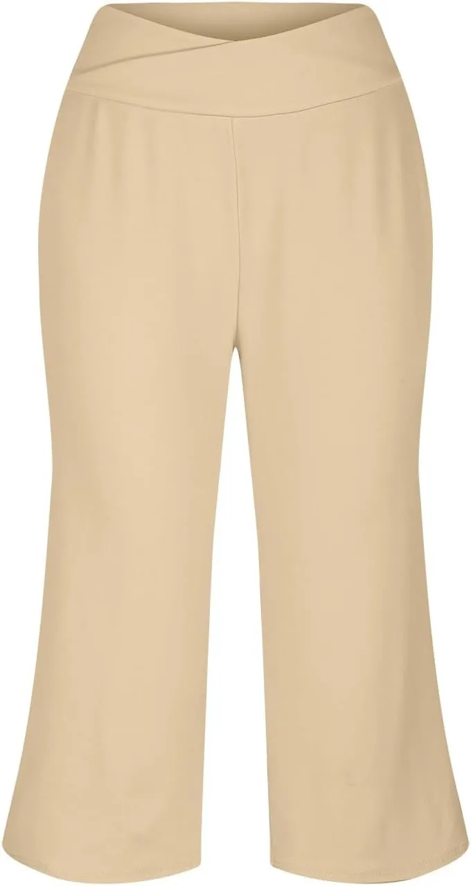 Womens Hiking Pants Elastic Waist Loose Linen Cotton Capris Petite Short Summer Capri Pants for Women Stretch Cargo