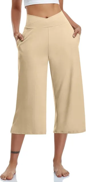 Womens Hiking Pants Elastic Waist Loose Linen Cotton Capris Petite Short Summer Capri Pants for Women Stretch Cargo