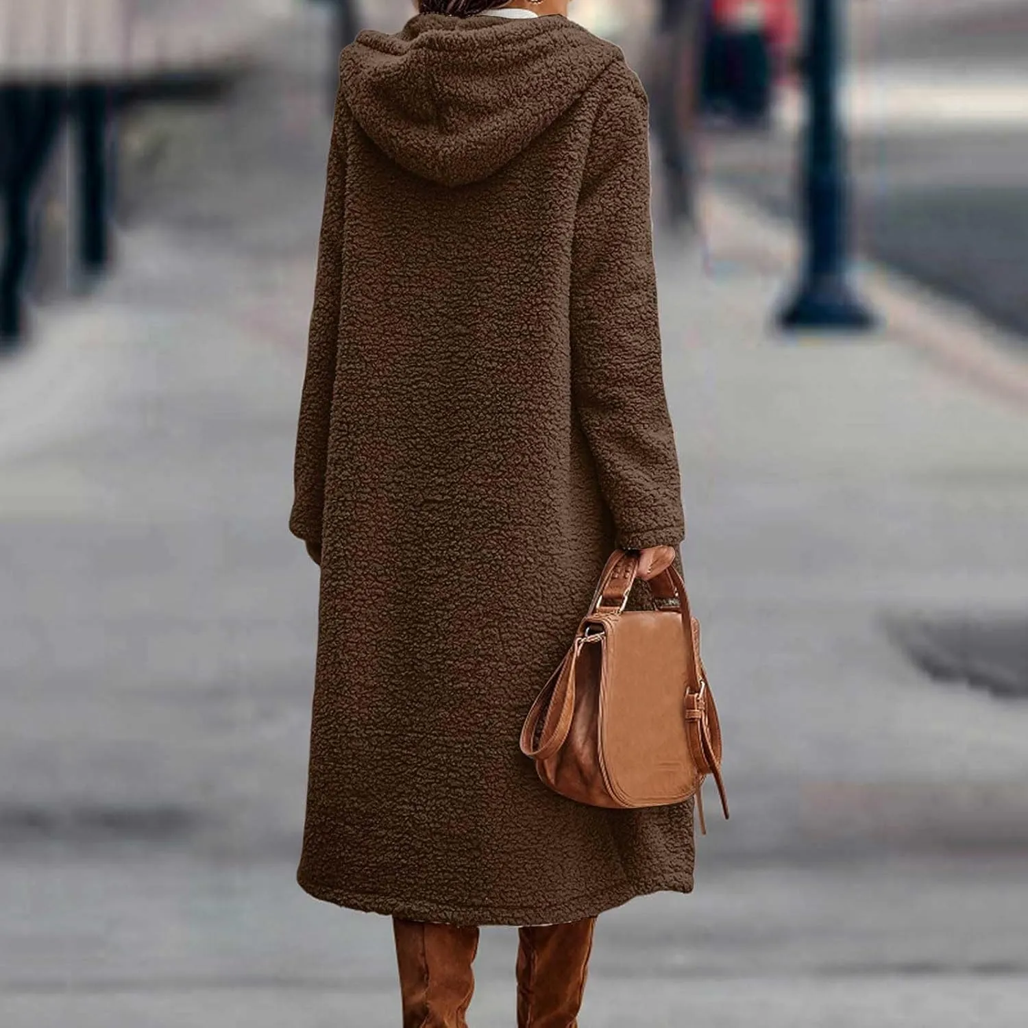 Womens Long Sleeve Jackets Sherpa Lined Solid Color Fuzzy Fleece Open Front Long Jacket Oversized Hooded Cardigan