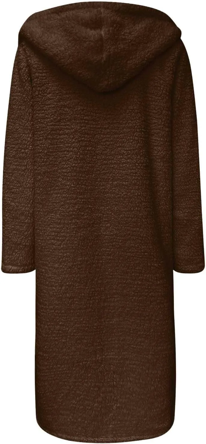 Womens Long Sleeve Jackets Sherpa Lined Solid Color Fuzzy Fleece Open Front Long Jacket Oversized Hooded Cardigan
