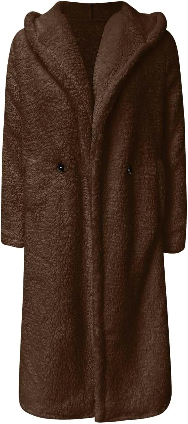 Womens Long Sleeve Jackets Sherpa Lined Solid Color Fuzzy Fleece Open Front Long Jacket Oversized Hooded Cardigan