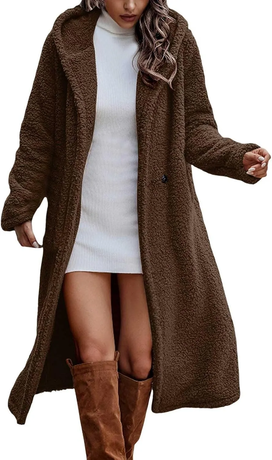 Womens Long Sleeve Jackets Sherpa Lined Solid Color Fuzzy Fleece Open Front Long Jacket Oversized Hooded Cardigan