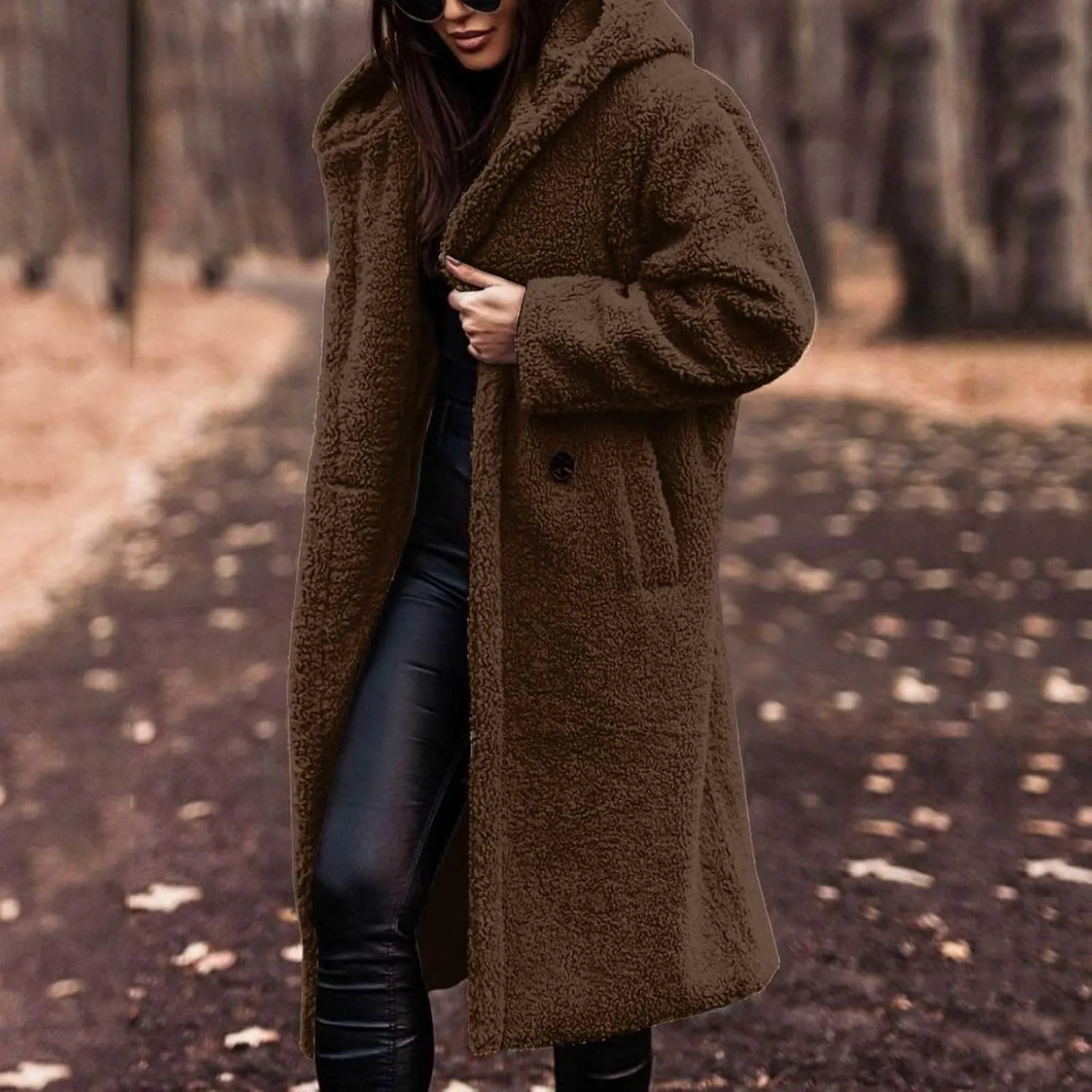 Womens Long Sleeve Jackets Sherpa Lined Solid Color Fuzzy Fleece Open Front Long Jacket Oversized Hooded Cardigan