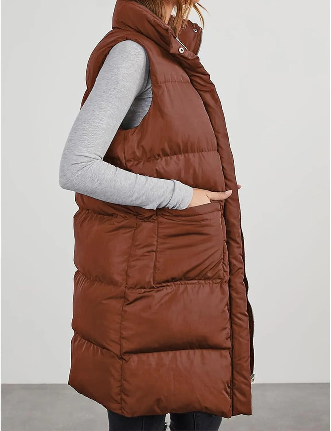 Women's Long Vest Sleeveless Lightweight Puffer Tactical Jacket Packable Flannel Hooded Down Coat Quilted Vest Tops