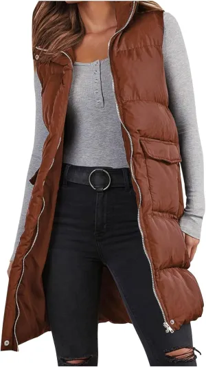Women's Long Vest Sleeveless Lightweight Puffer Tactical Jacket Packable Flannel Hooded Down Coat Quilted Vest Tops