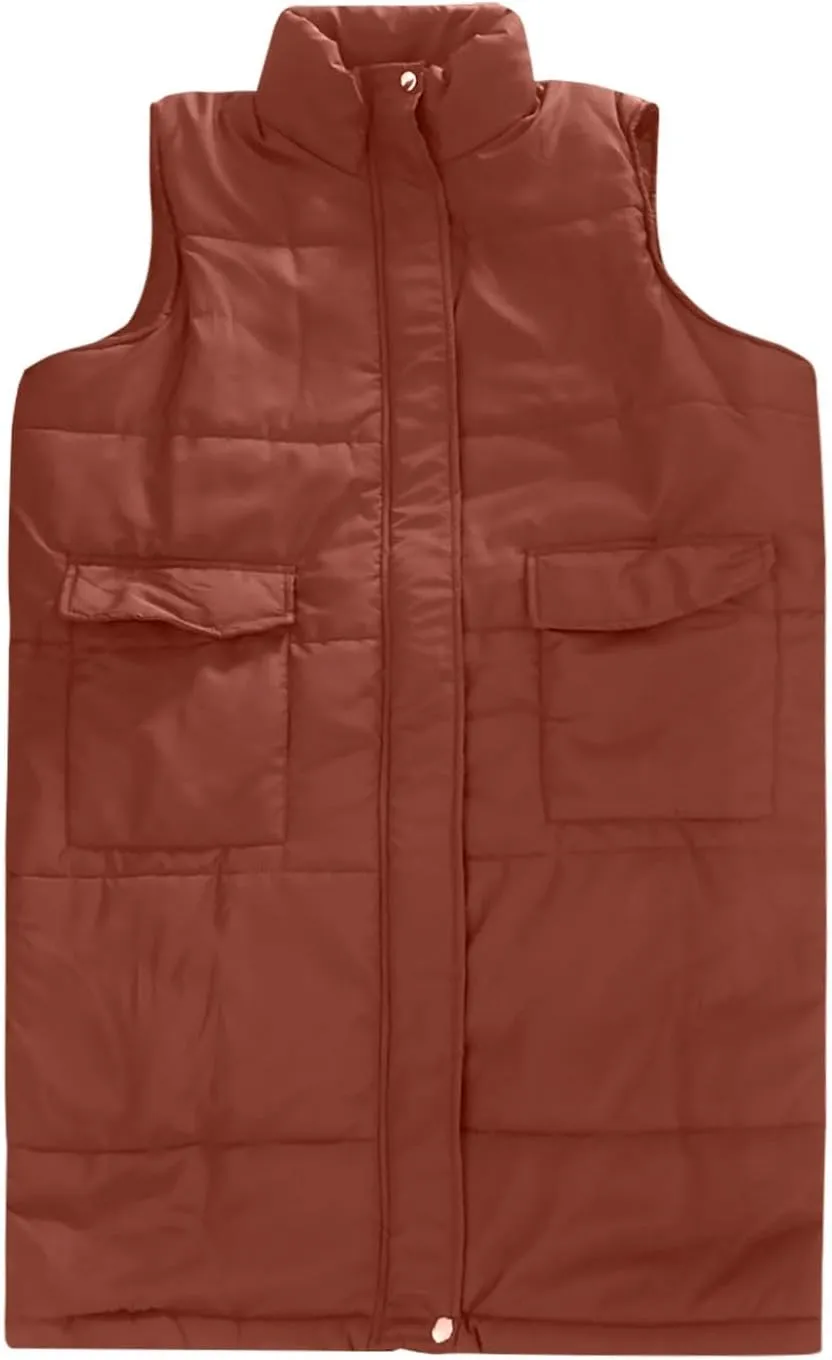 Women's Long Vest Sleeveless Lightweight Puffer Tactical Jacket Packable Flannel Hooded Down Coat Quilted Vest Tops