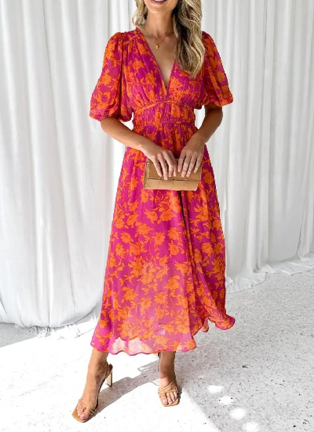 Womens Maxi Dress V-Neck Short Sleeve Floral Print Elegant Flowy 2025 Spring Summer Beach Party Dress