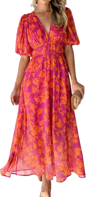 Womens Maxi Dress V-Neck Short Sleeve Floral Print Elegant Flowy 2025 Spring Summer Beach Party Dress