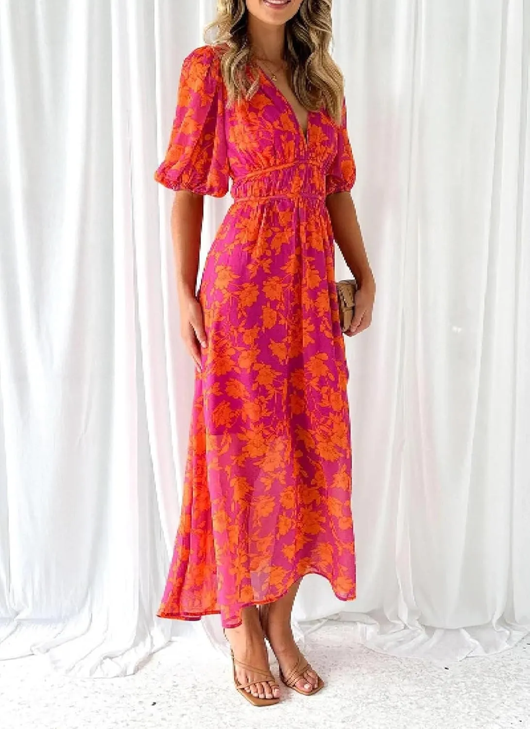 Womens Maxi Dress V-Neck Short Sleeve Floral Print Elegant Flowy 2025 Spring Summer Beach Party Dress