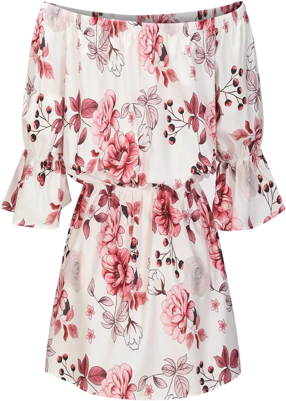 Womens Off Shoulder Summer Dresses Ruffle Floral 3/4 Sleeve Swing Mini Dress Elastic Waist A-Line Wedding Guest Dresses