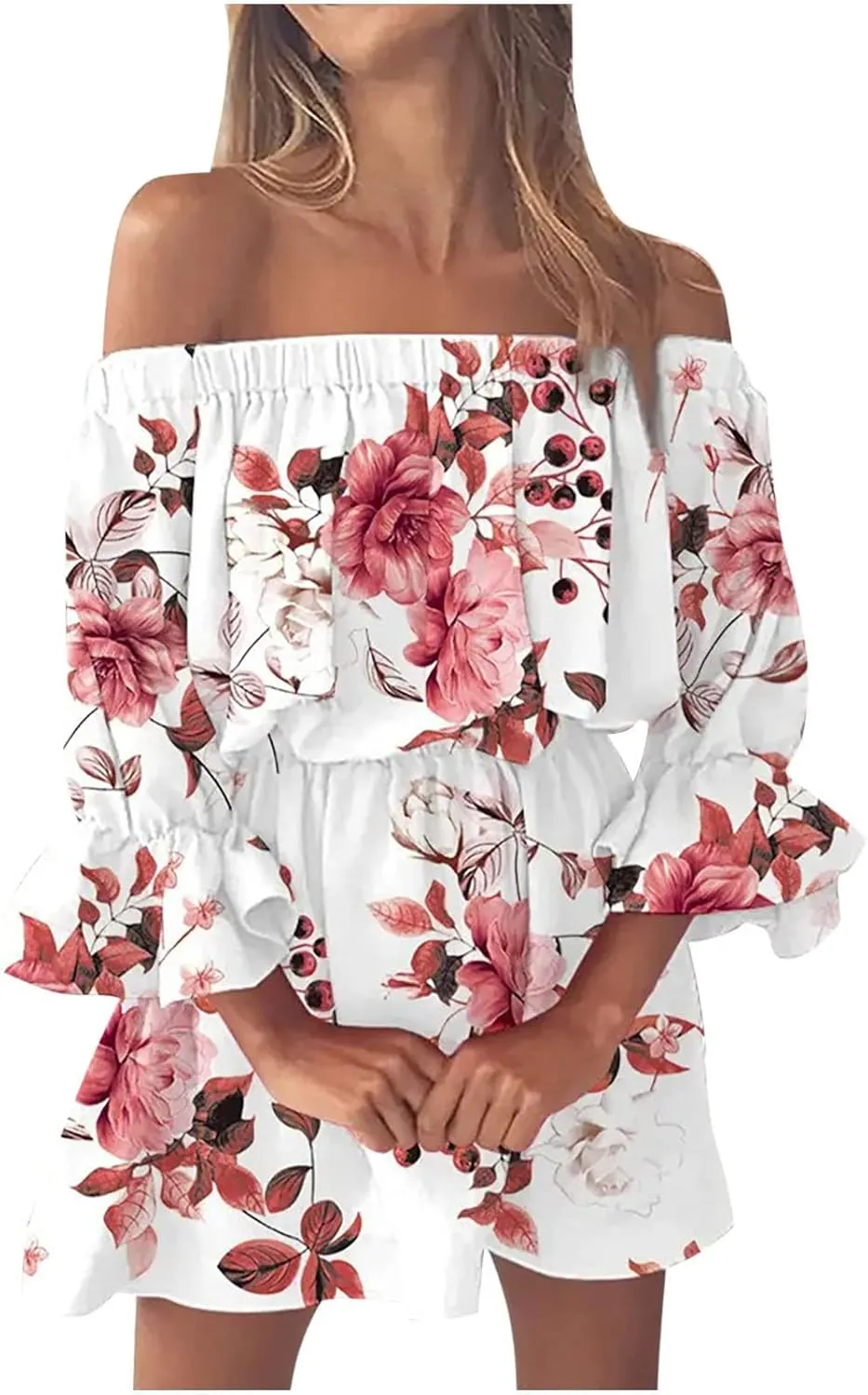 Womens Off Shoulder Summer Dresses Ruffle Floral 3/4 Sleeve Swing Mini Dress Elastic Waist A-Line Wedding Guest Dresses