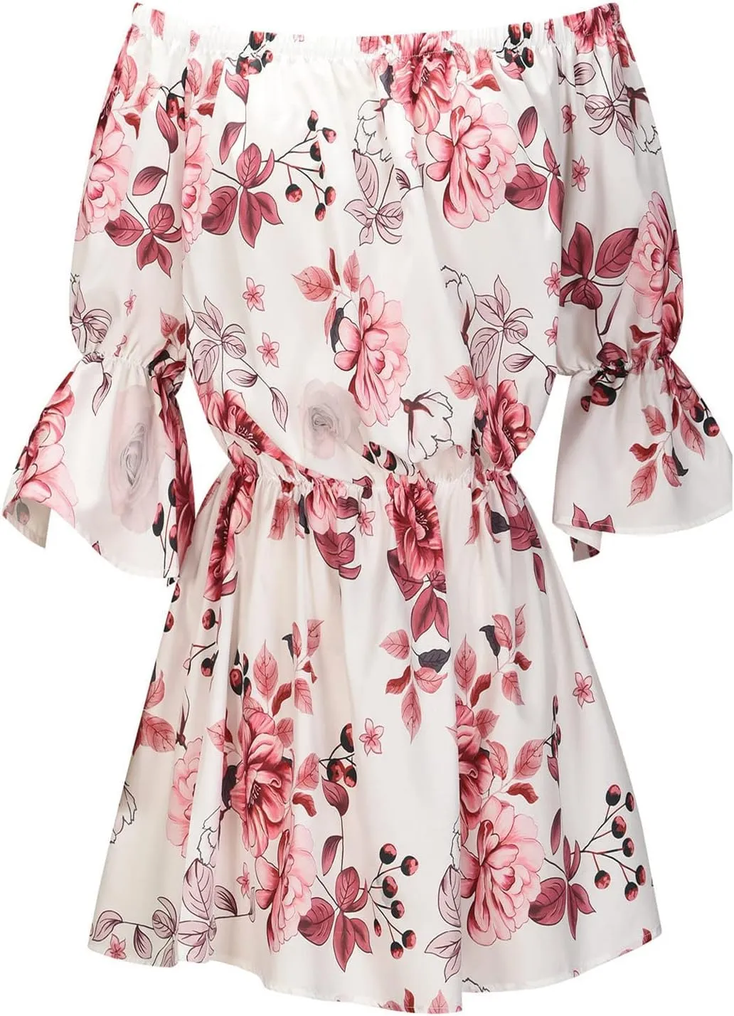 Womens Off Shoulder Summer Dresses Ruffle Floral 3/4 Sleeve Swing Mini Dress Elastic Waist A-Line Wedding Guest Dresses