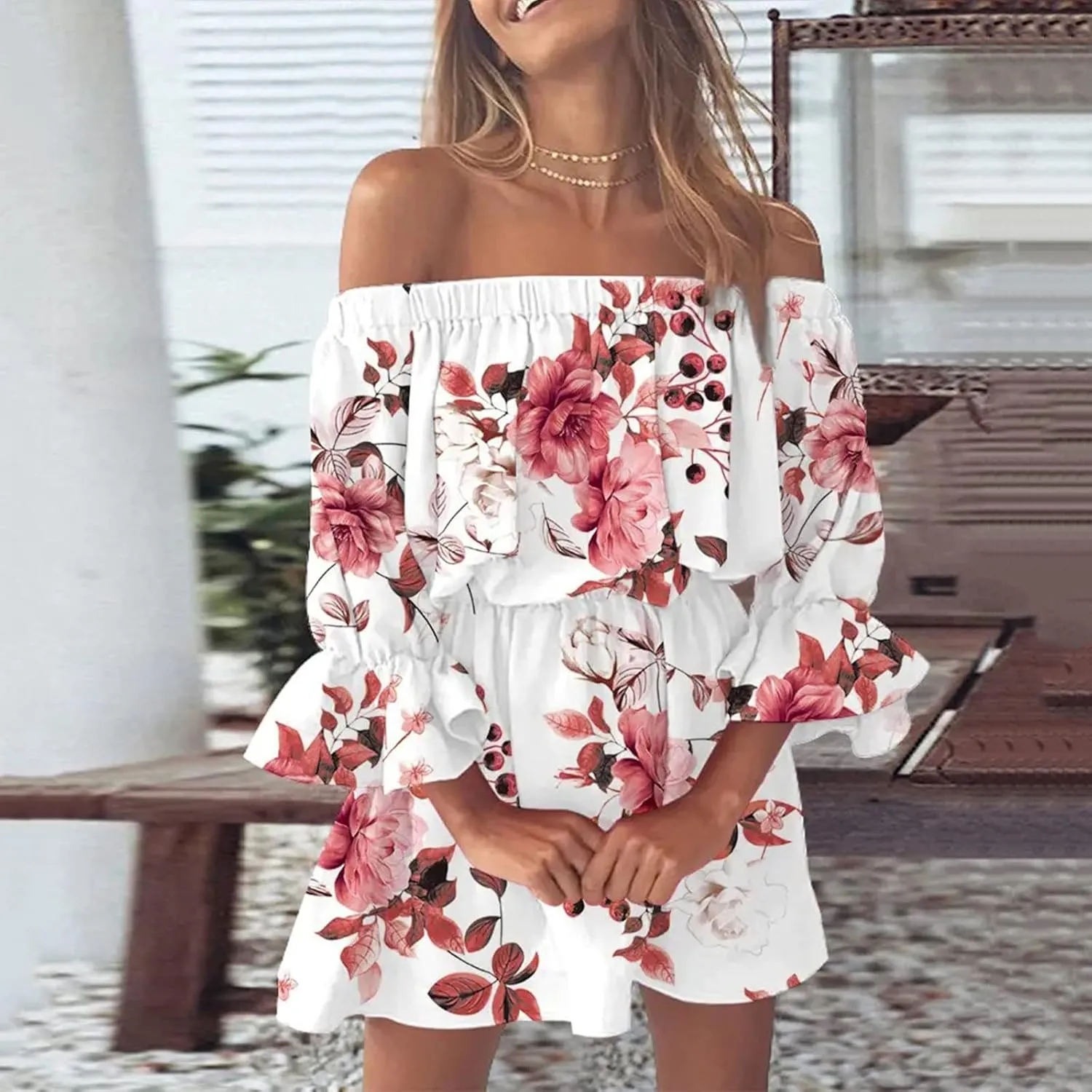 Womens Off Shoulder Summer Dresses Ruffle Floral 3/4 Sleeve Swing Mini Dress Elastic Waist A-Line Wedding Guest Dresses