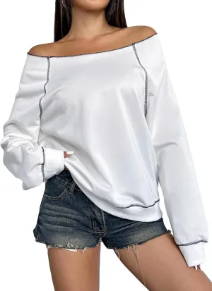 Women's Off The Shoulder Sweatshirts Long Sleeve Pullover Tops Trendy Y2k Fall Tops