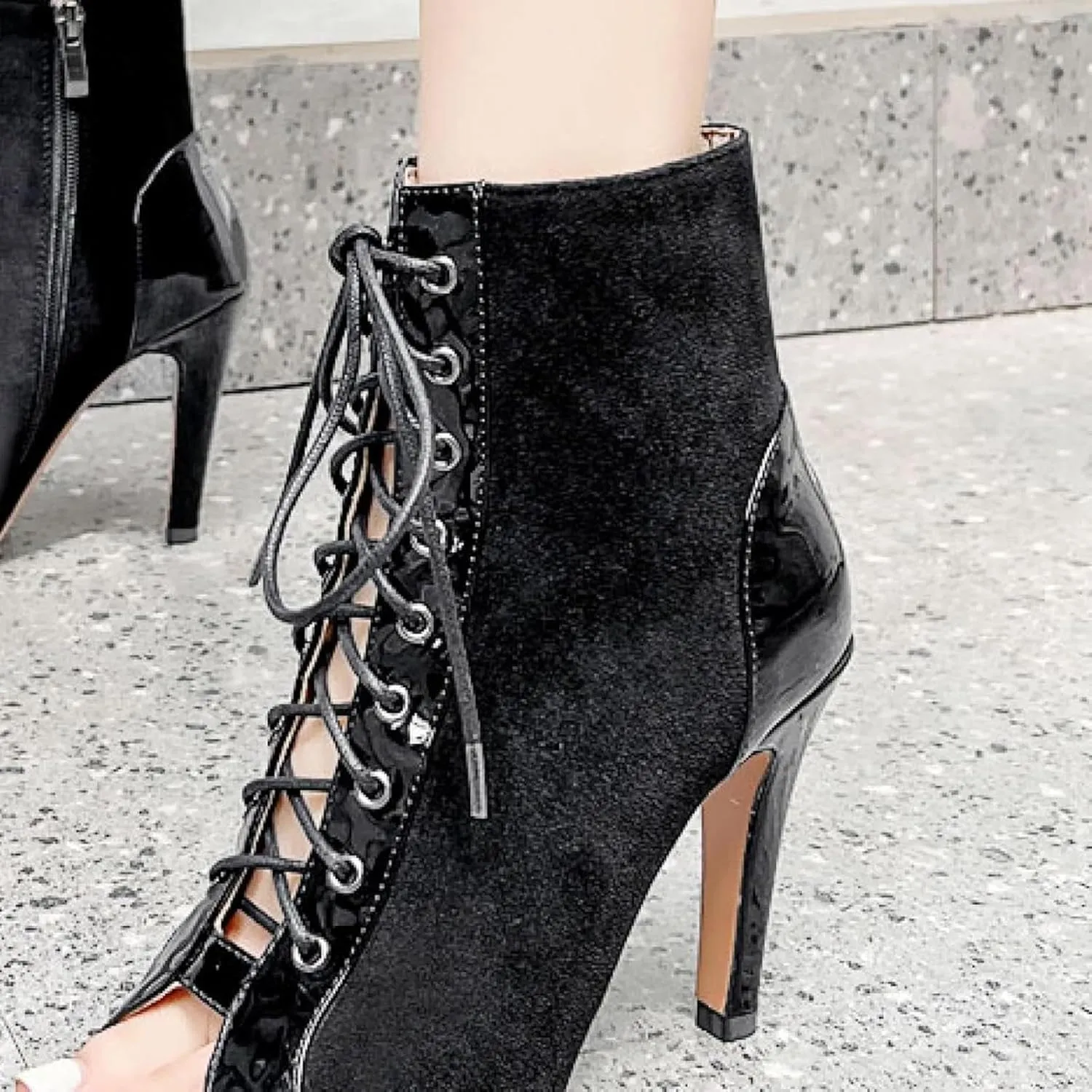Women's Open Toed High-heeled Sandals, High-heeled Shoes, Front Lace Up, Side Zipper, Jazz Dance Skirt, Ankle Boots