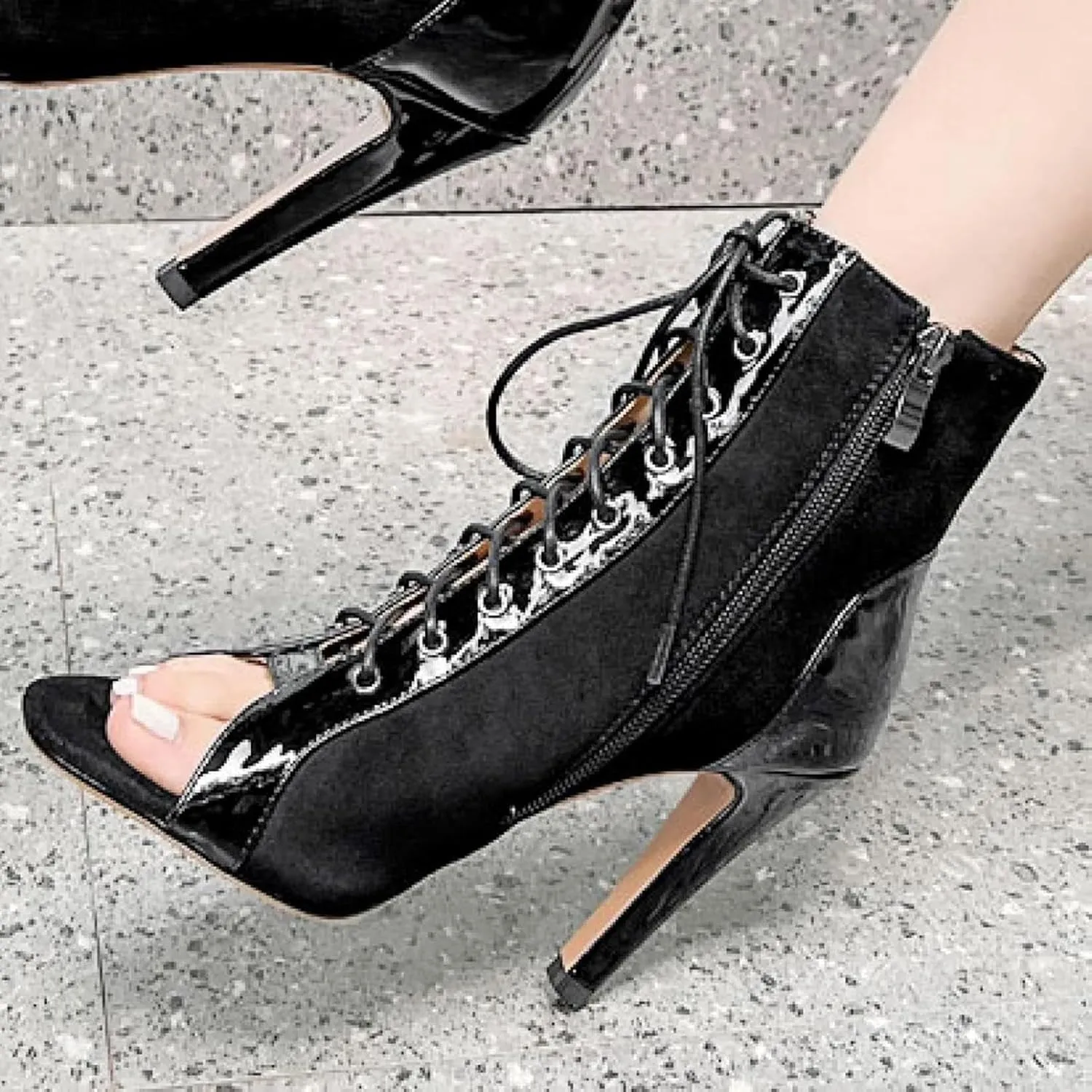 Women's Open Toed High-heeled Sandals, High-heeled Shoes, Front Lace Up, Side Zipper, Jazz Dance Skirt, Ankle Boots