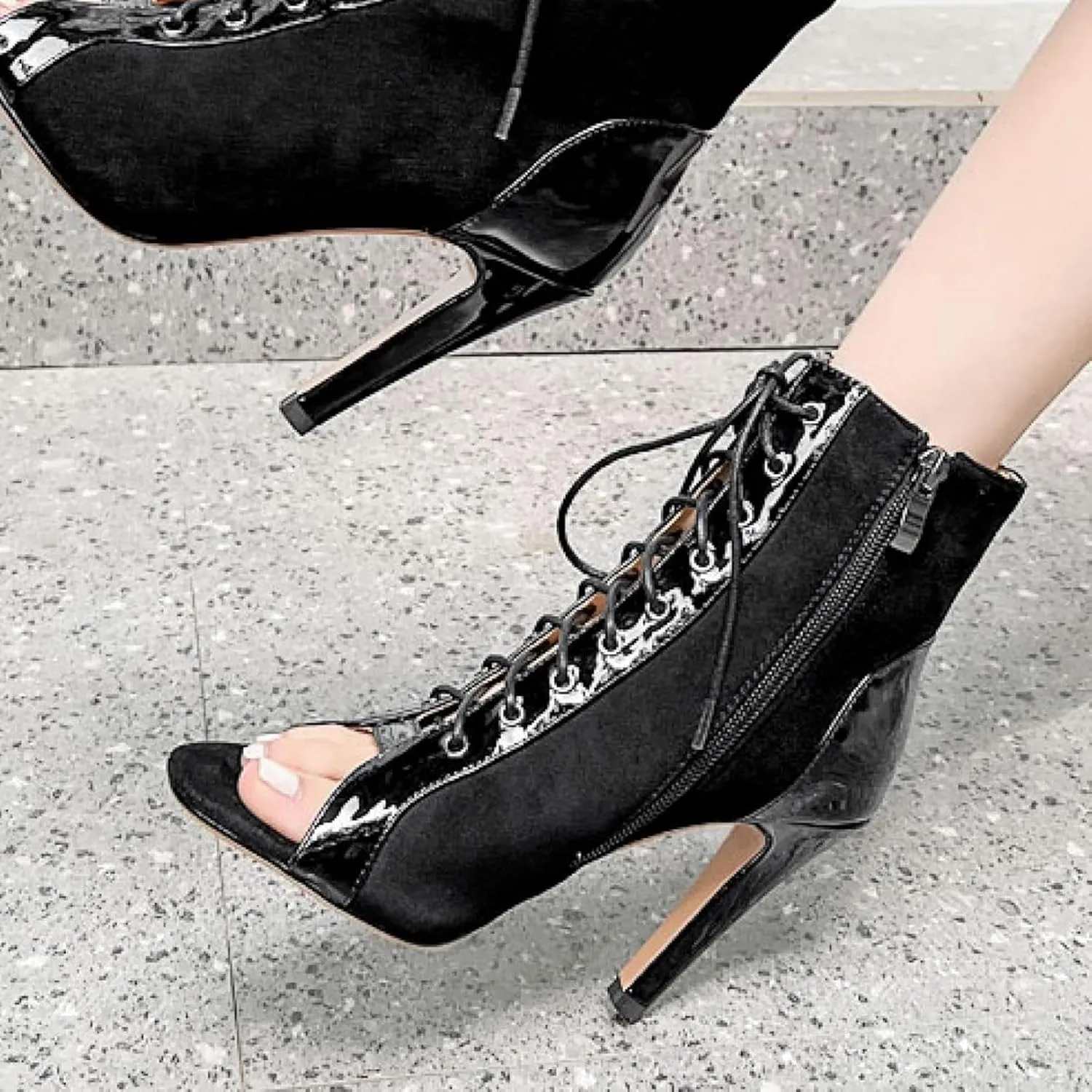 Women's Open Toed High-heeled Sandals, High-heeled Shoes, Front Lace Up, Side Zipper, Jazz Dance Skirt, Ankle Boots