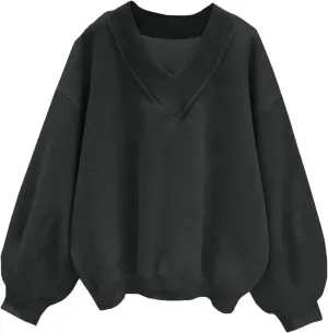 Womens Oversized Drop Shoulder Pullover Tops Trendy V Neck Solid Soft Sweatshirts Fall Long Sleeve Teen Girl Clothes